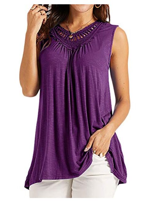 Soulomelody Women's Sleeveless Tank Tops Crochet Lace Shirts Summer Basic Casual Loose Fit Tees Tunics Pleated Blouses