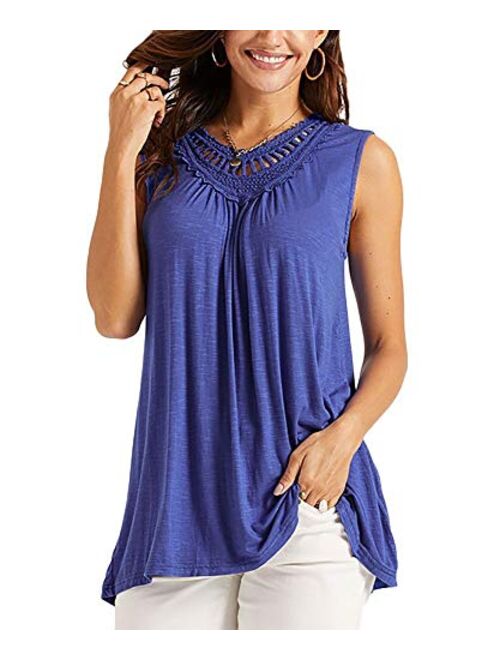 Soulomelody Women's Sleeveless Tank Tops Crochet Lace Shirts Summer Basic Casual Loose Fit Tees Tunics Pleated Blouses