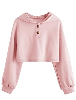 Kids Girl's Crop Tops Hoodies Long Sleeve Cute Fashion Pullover Sweatshirts With Button