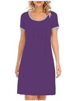 Women's Nightgown Sleepwear Soft Sleep Shirt Short Sleeve Scoopneck Pleated Nightshirt