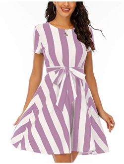 Women's Nightgown Short Sleeve Casual Striped T Shirt Dress with Belt