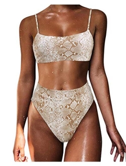 Women High Wasited Bikini Shoulder Strap 2 Piece High Cut String Swimsuits