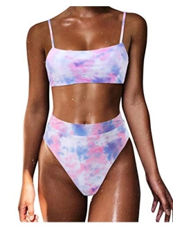 Women High Wasited Bikini Shoulder Strap 2 Piece High Cut String Swimsuits