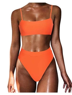 Women High Wasited Bikini Shoulder Strap 2 Piece High Cut String Swimsuits