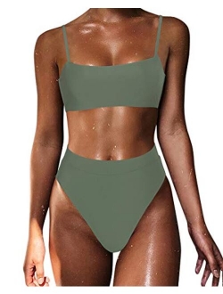 Women High Wasited Bikini Shoulder Strap 2 Piece High Cut String Swimsuits