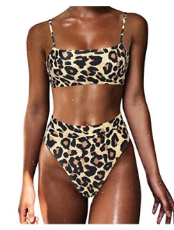 Women High Wasited Bikini Shoulder Strap 2 Piece High Cut String Swimsuits