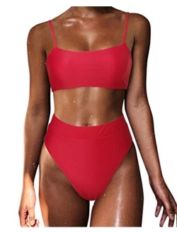 Women High Wasited Bikini Shoulder Strap 2 Piece High Cut String Swimsuits