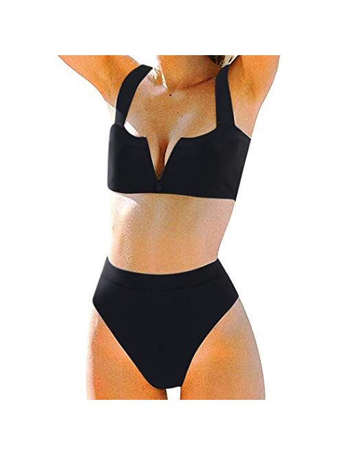 MOSHENGQI Women High Wasited Bikini Shoulder Strap 2 Piece High Cut String Swimsuits