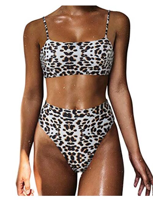 MOSHENGQI Women High Wasited Bikini Shoulder Strap 2 Piece High Cut String Swimsuits