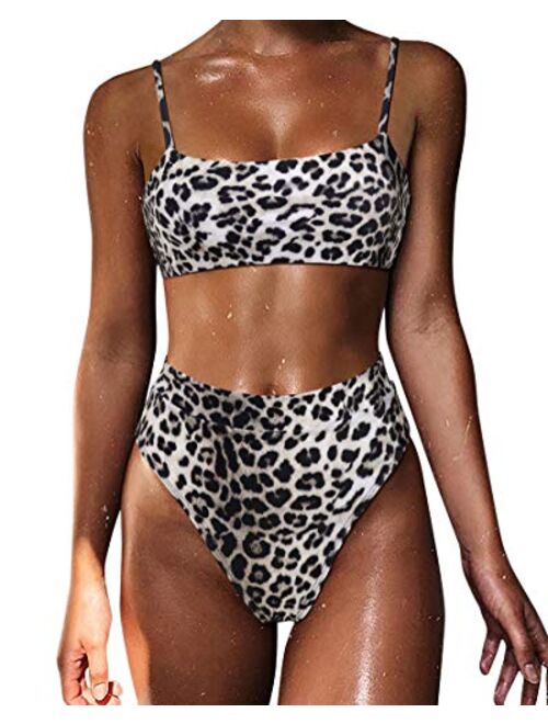 MOSHENGQI Women High Wasited Bikini Shoulder Strap 2 Piece High Cut String Swimsuits