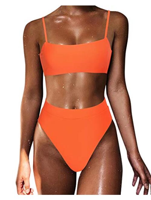 MOSHENGQI Women High Wasited Bikini Shoulder Strap 2 Piece High Cut String Swimsuits