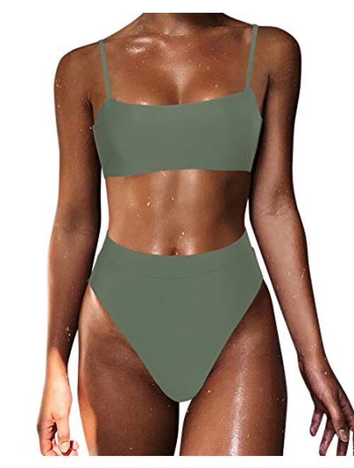 MOSHENGQI Women High Wasited Bikini Shoulder Strap 2 Piece High Cut String Swimsuits