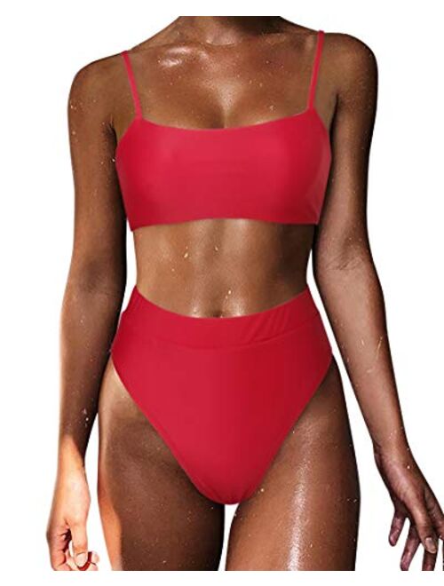 MOSHENGQI Women High Wasited Bikini Shoulder Strap 2 Piece High Cut String Swimsuits