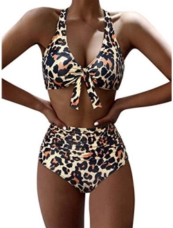 Womens Tie Knot High Waisted Bikini Push Up Criss Cross Back Ruched Two Piece Swimsuit