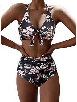 Womens Tie Knot High Waisted Bikini Push Up Criss Cross Back Ruched Two Piece Swimsuit