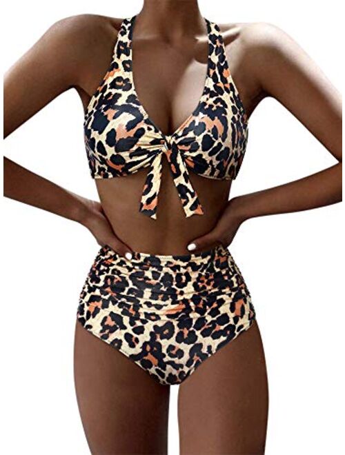 MOSHENGQI Womens Tie Knot High Waisted Bikini Push Up Criss Cross Back Ruched Two Piece Swimsuit