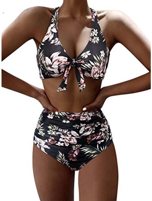 MOSHENGQI Womens Tie Knot High Waisted Bikini Push Up Criss Cross Back Ruched Two Piece Swimsuit