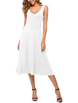 Women's Summer Casual Sleeveless Flared Midi Dress Swing T-Shirt Dresses with Pockets