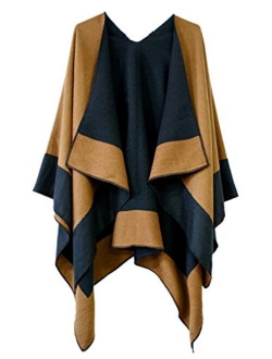 Women's Open Front Color Block Reversible Wrap Shawl Poncho Cape