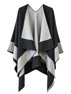 Women's Open Front Color Block Reversible Wrap Shawl Poncho Cape