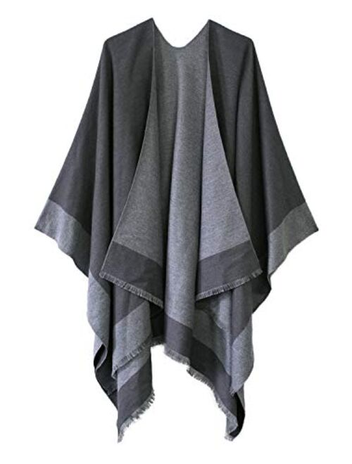 Urban CoCo Women's Open Front Color Block Reversible Wrap Shawl Poncho Cape