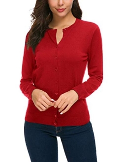 Women's Long Sleeve Button Down Cardigan Crew Neck Classic Knit Sweater for Women