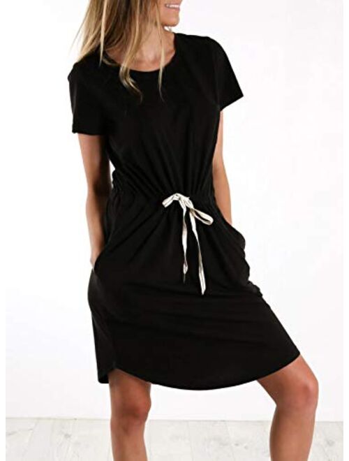 Astylish Women Short Sleeve T Shirt Dress Waist Drawstring Casual Mini Dress with Pockets Crew Neck Bodycon Dress