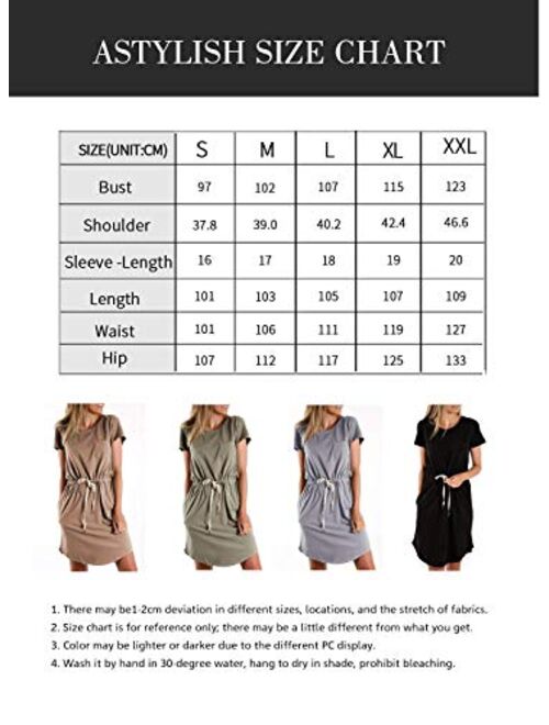 Astylish Women Short Sleeve T Shirt Dress Waist Drawstring Casual Mini Dress with Pockets Crew Neck Bodycon Dress