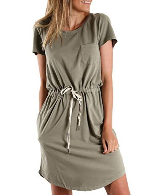 Astylish Women Short Sleeve T Shirt Dress Waist Drawstring Casual Mini Dress with Pockets Crew Neck Bodycon Dress