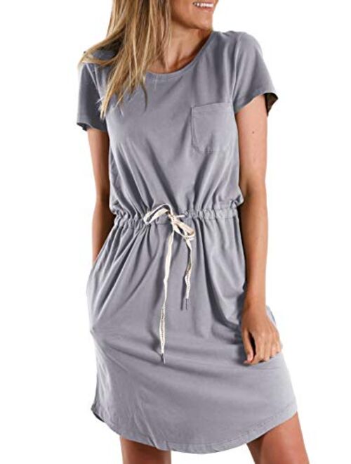 Astylish Women Short Sleeve T Shirt Dress Waist Drawstring Casual Mini Dress with Pockets Crew Neck Bodycon Dress