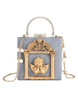 Women's Love Angel Embossed Clutch Evening Bag Bowknot Snaps Crossbody Purse Chain Baroque Shoulder Bag