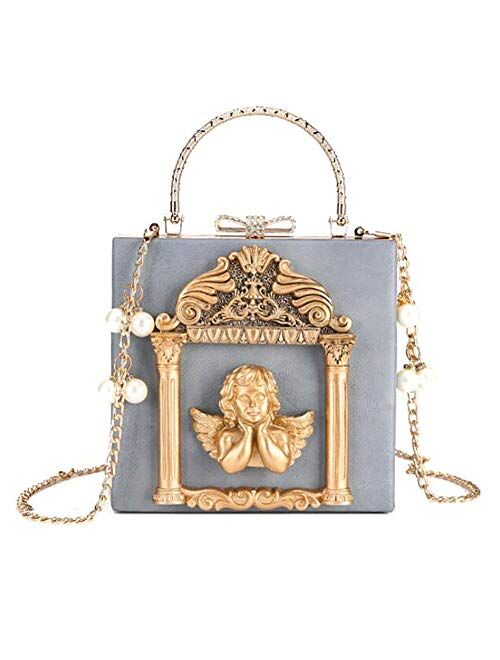 QZUnique Women's Love Angel Embossed Clutch Evening Bag Bowknot Snaps Crossbody Purse Chain Baroque Shoulder Bag