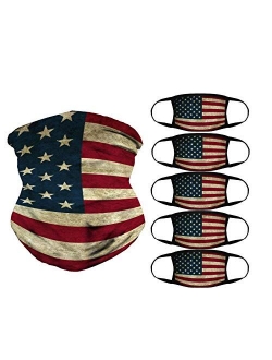 American Flag Bandana, 5 pcs Reusable Cotton Covering and 1 Seamless Face Scarf, Breathable Balaclava for Outdoor, Sports