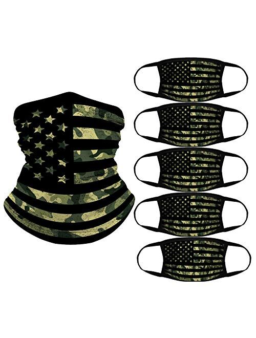 American Flag Bandana, 5 pcs Reusable Cotton Covering and 1 Seamless Face Scarf, Breathable Balaclava for Outdoor, Sports