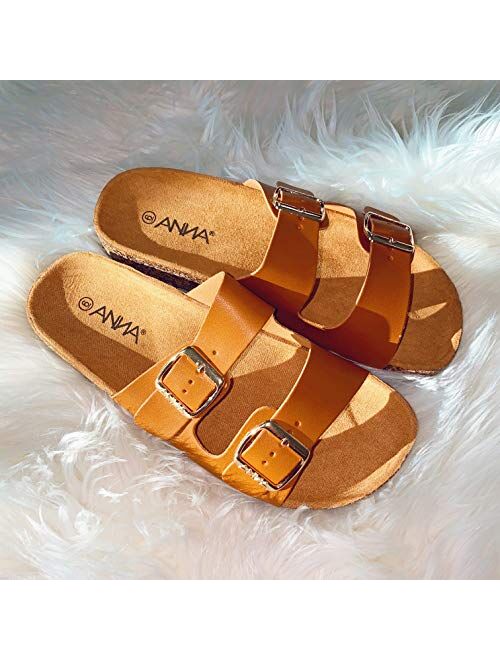 ANNA Glory Women's Slide Sandals Cork Footbed Double Buckle