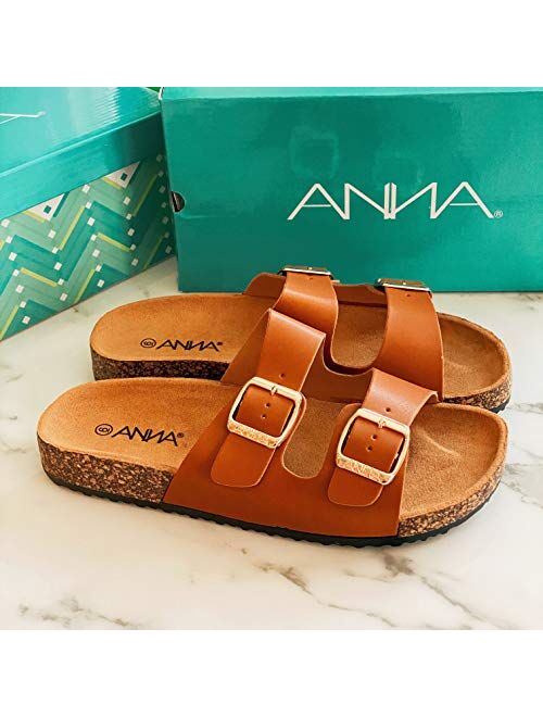 ANNA Glory Women's Slide Sandals Cork Footbed Double Buckle