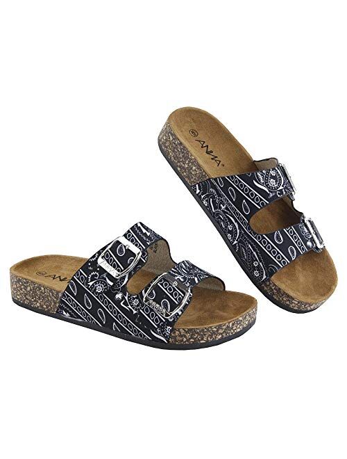 ANNA Glory Women's Slide Sandals Cork Footbed Double Buckle