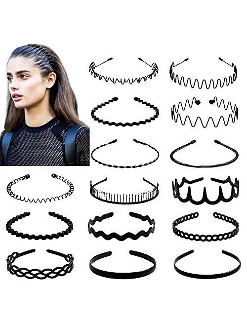 fani 15 Pcs Metal and Plastic Hair Hoop Set, Elastic Non Slip Hair Band Hoop Headwear, Black Wavy Simple Outdoors Unisex Hair Accessories for Men and Women