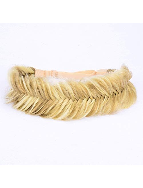 DIGUAN Wide Fishtail 2 Strands Synthetic Hair Braided Headband Classic Chunky Plaited Braids Elastic Stretch Hairpiece Women Girl Beauty accessory,59g Bohemian (Highlight