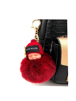 Faux Fox Fur Pom Pom Sleeping Baby Keychain Purse Bag Charm Fluffy Ball Key Chain for Women Bag or Cellphone or Car Pendant