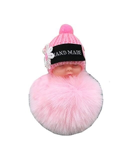 Faux Fox Fur Pom Pom Sleeping Baby Keychain Purse Bag Charm Fluffy Ball Key Chain for Women Bag or Cellphone or Car Pendant