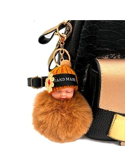 Faux Fox Fur Pom Pom Sleeping Baby Keychain Purse Bag Charm Fluffy Ball Key Chain for Women Bag or Cellphone or Car Pendant