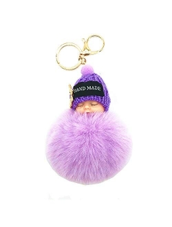 Faux Fox Fur Pom Pom Sleeping Baby Keychain Purse Bag Charm Fluffy Ball Key Chain for Women Bag or Cellphone or Car Pendant