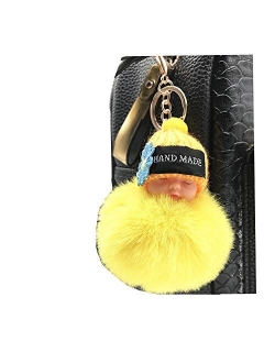 Faux Fox Fur Pom Pom Sleeping Baby Keychain Purse Bag Charm Fluffy Ball Key Chain for Women Bag or Cellphone or Car Pendant