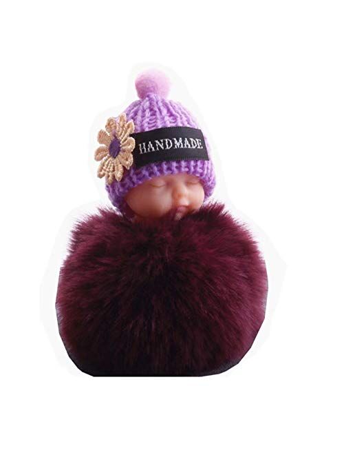 Faux Fox Fur Pom Pom Sleeping Baby Keychain Purse Bag Charm Fluffy Ball Key Chain for Women Bag or Cellphone or Car Pendant