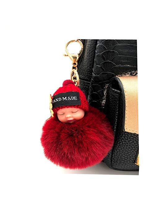 Faux Fox Fur Pom Pom Sleeping Baby Keychain Purse Bag Charm Fluffy Ball Key Chain for Women Bag or Cellphone or Car Pendant