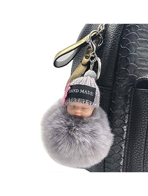 Faux Fox Fur Pom Pom Sleeping Baby Keychain Purse Bag Charm Fluffy Ball Key Chain for Women Bag or Cellphone or Car Pendant