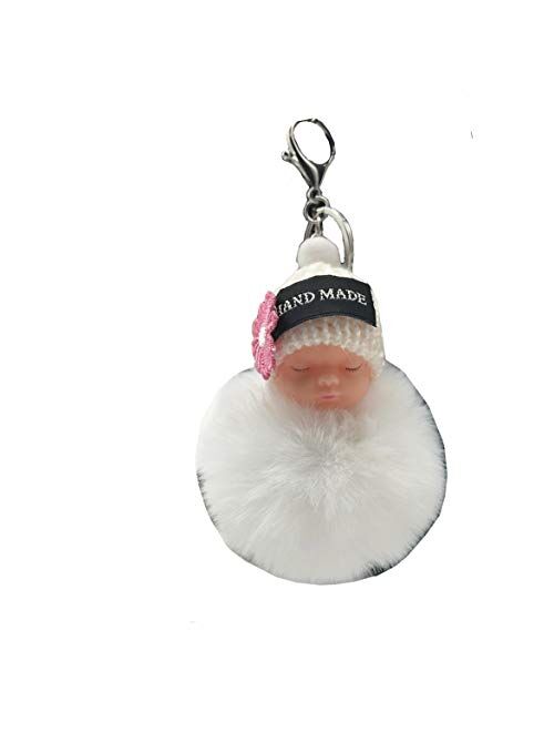 Faux Fox Fur Pom Pom Sleeping Baby Keychain Purse Bag Charm Fluffy Ball Key Chain for Women Bag or Cellphone or Car Pendant