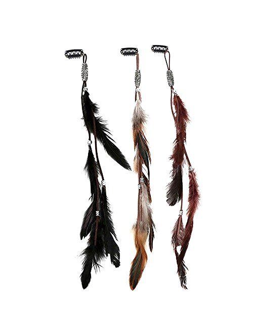 ICYANG Women Feather Hair Clips, Handmade Boho Hippie Hair Extensions with Clip Comb DIY Accessories Hairpin Headdress, Set of 3