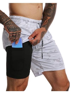 FLYFIREFLY Men's 2-in-1 Workout Running Shorts 7" Lightweight Gym Yoga Training Sport Short Pants